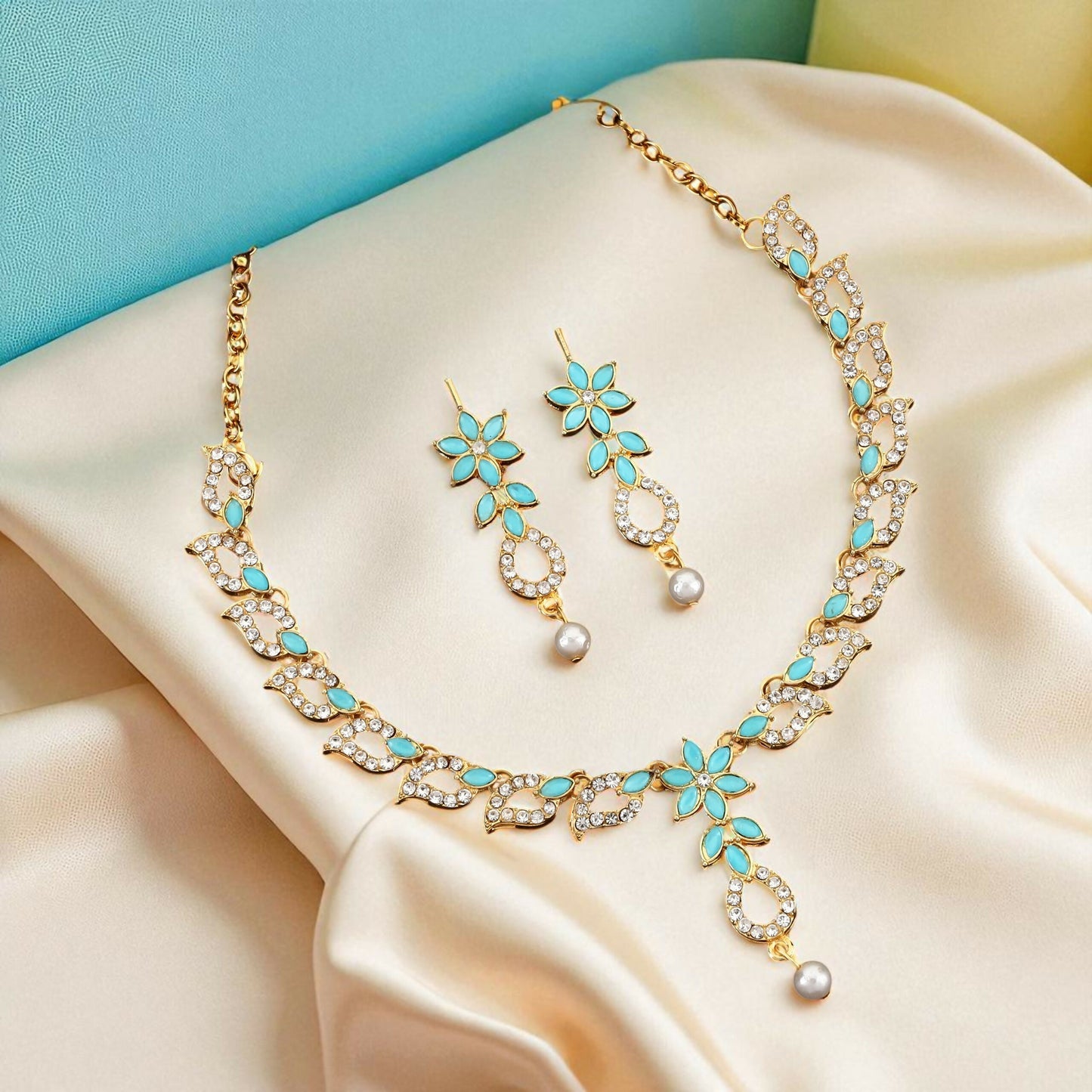Gold-Plated Turquoise & Diamond-Look Floral Link Necklace Set