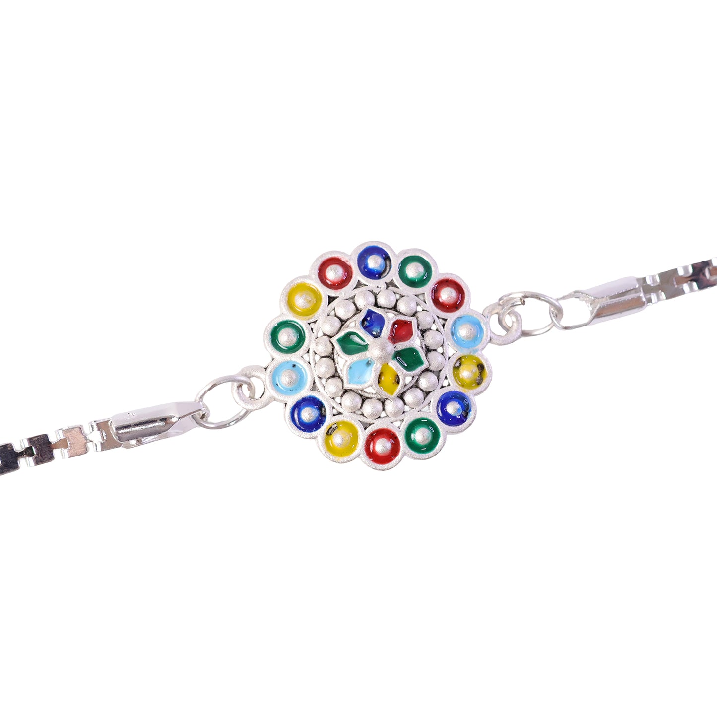 Floral Mandala Enamel Circles Beaded Silver Chain Designer Rakhi