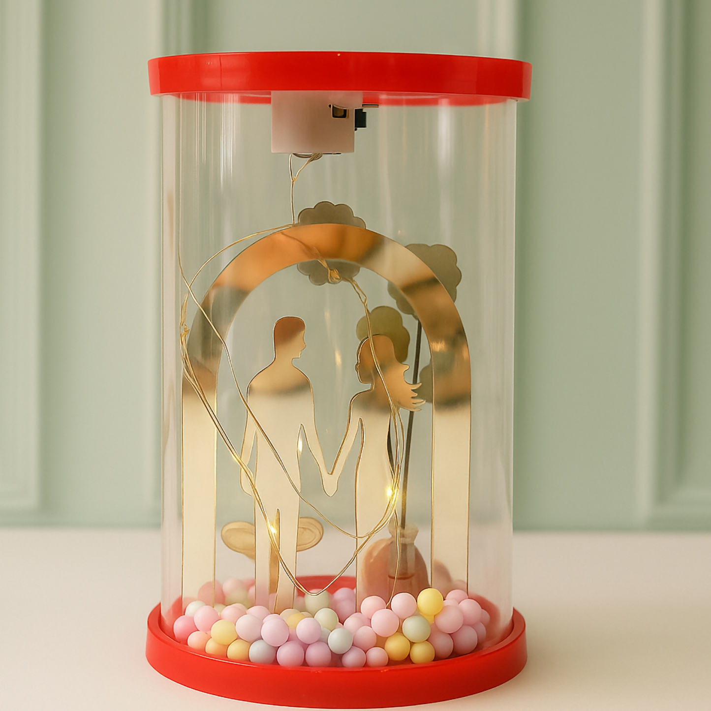 Romantic Couple Dome LED Night Lamp with Artificial Flowers & Pastel Beads | Transparent Acrylic Cylinder Gift Light | Decorative Showpiece for Bedroom, Living Room & Gifting – Warm Light, Battery Operated