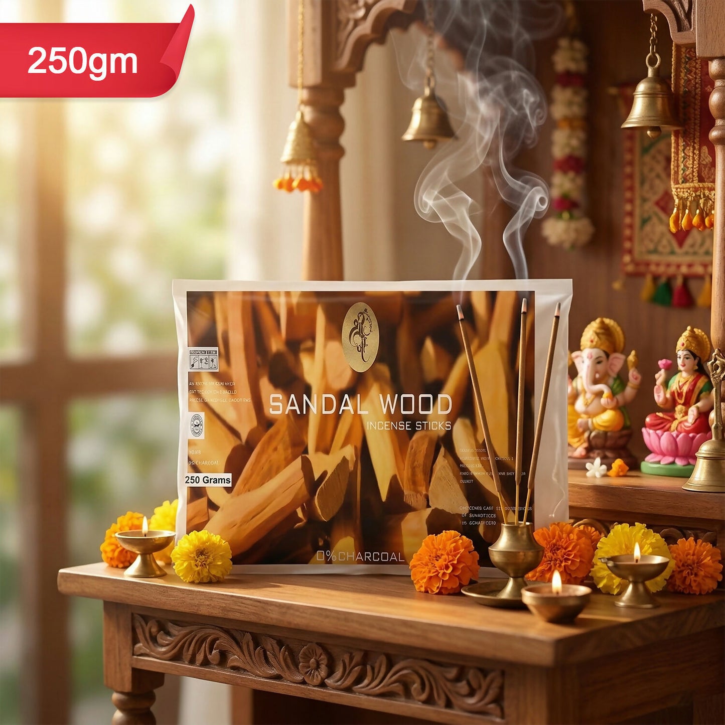 Burning sandalwood incense stick releasing fragrant smoke