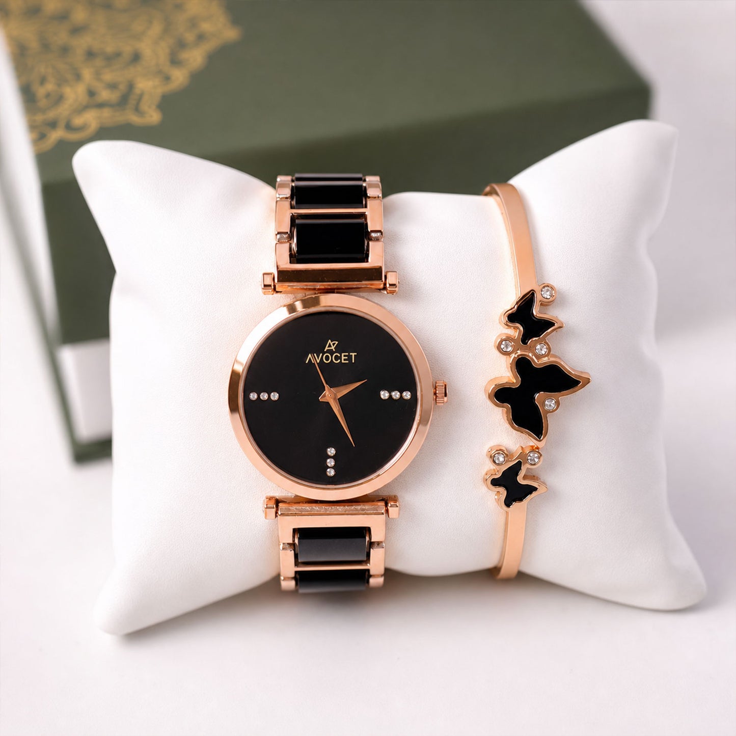 Rose Gold Round Dial Watch with Black Butterfly Shape Bracelet for Women