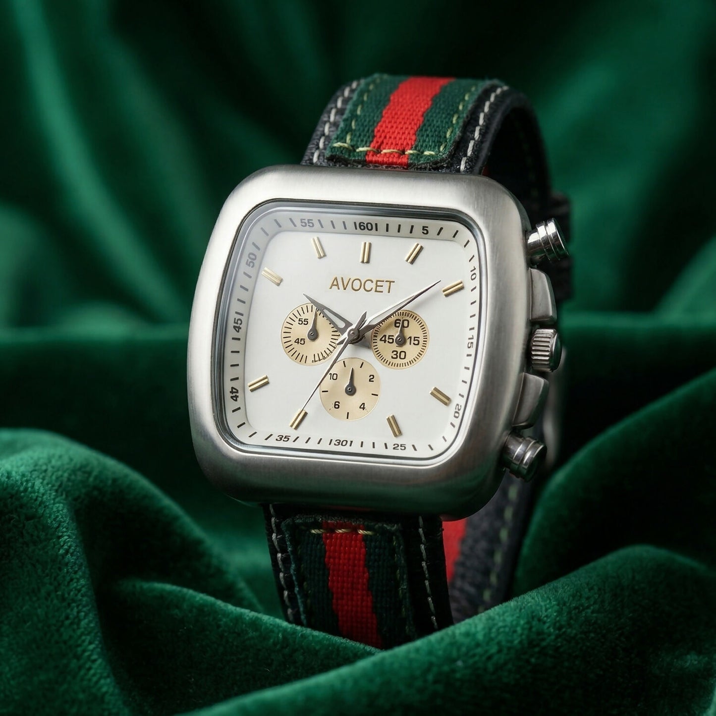 Close-up of striped fabric-leather strap on wrist watch