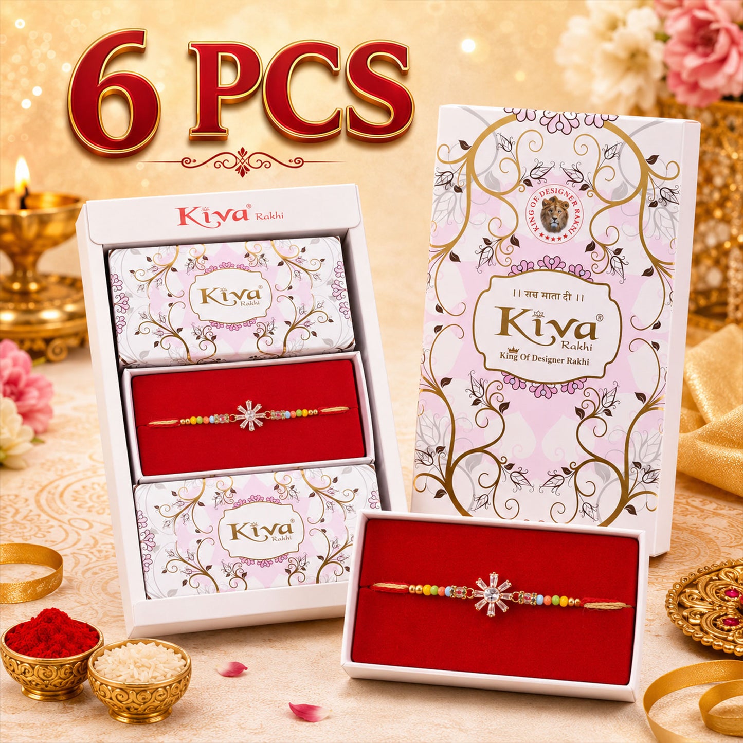 Rose Gold Sunburst Crystal Rakhi with Rainbow Beads, Roli Chawal Coin and Festive Gift Packing
