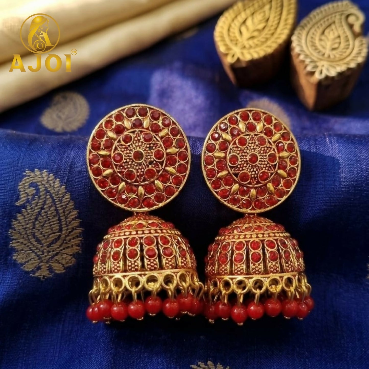 Antique Gold Red Stone Jhumka Earrings Traditional Ethnic Jewelry