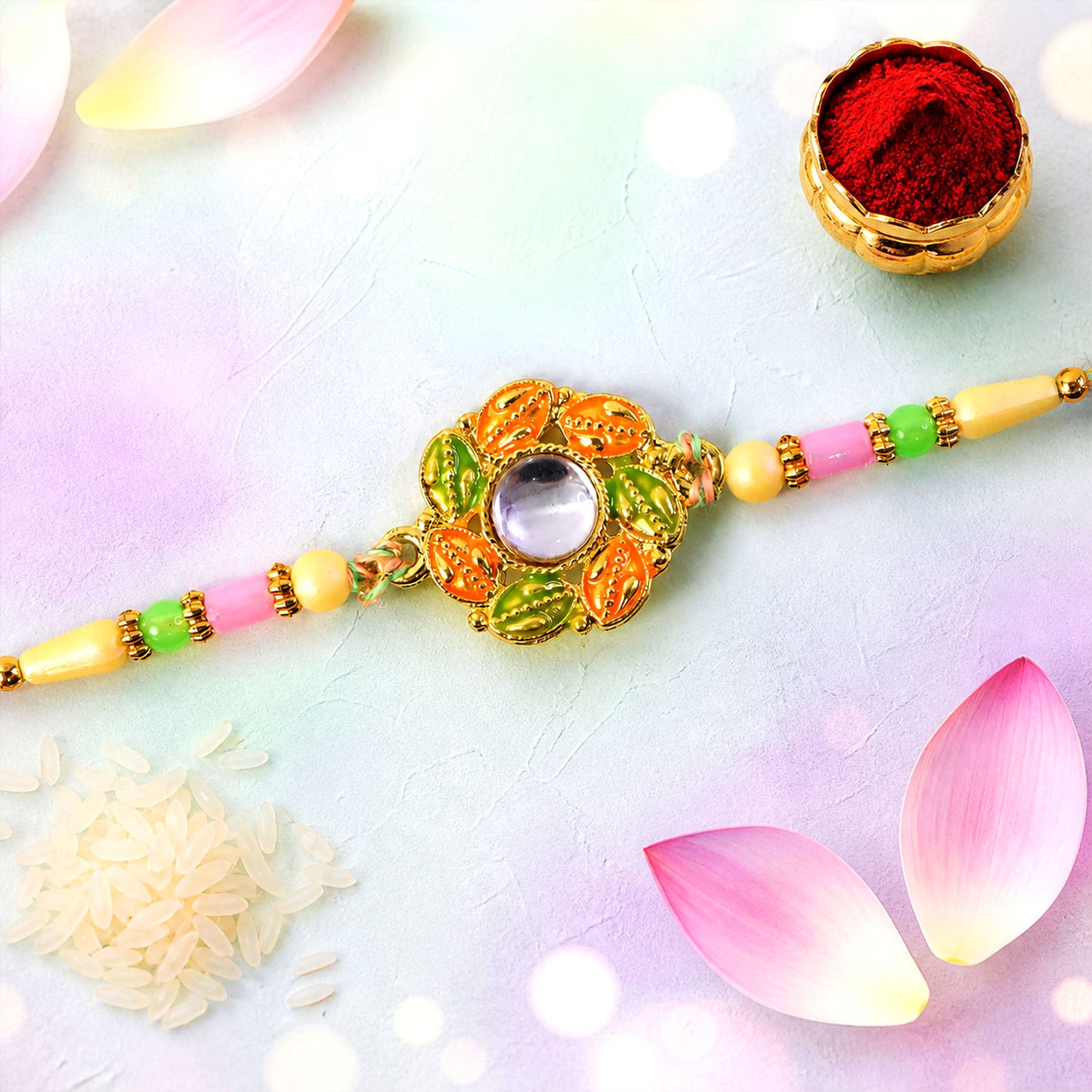 Gold Leaf Kundan Pendant Rakhi with Rudraksha Beads