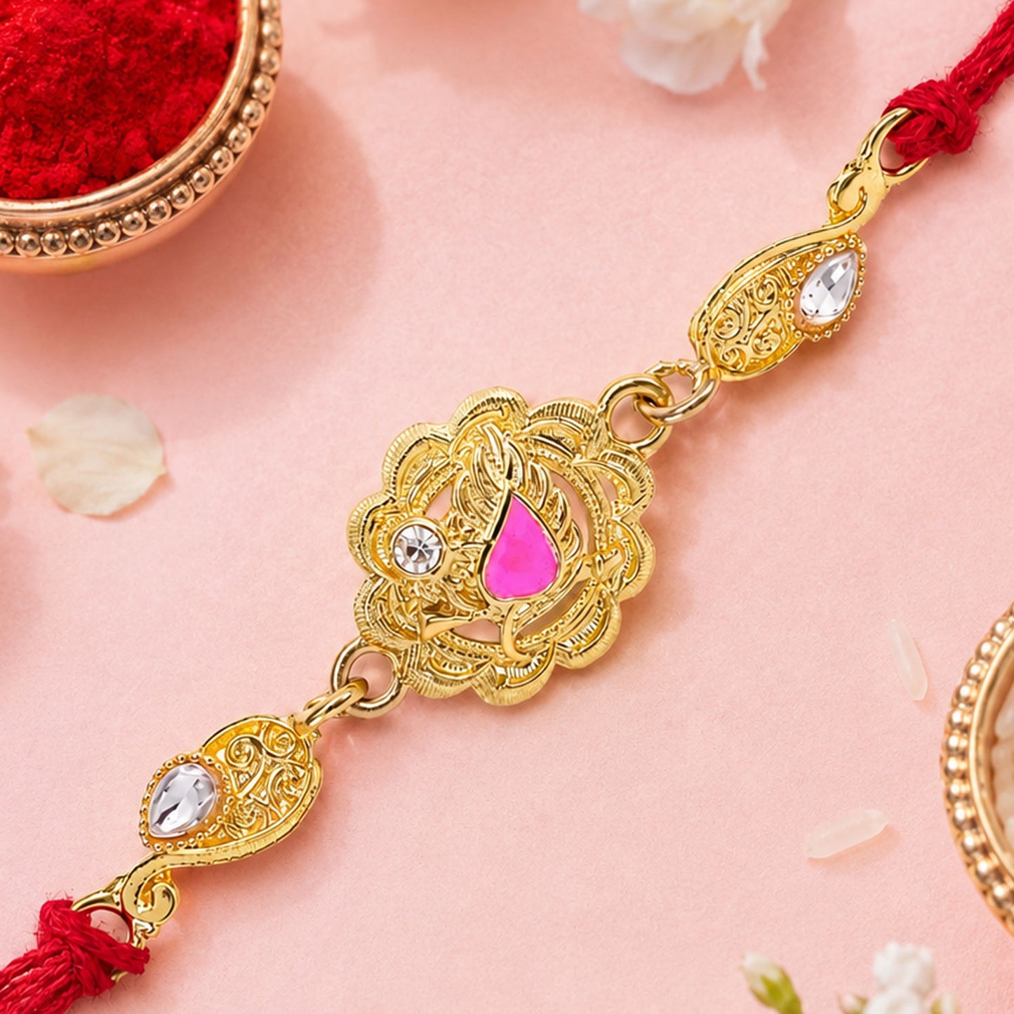 Premium Rakhi with Floral Medallion, crystal accents and gift style for Gift Styling