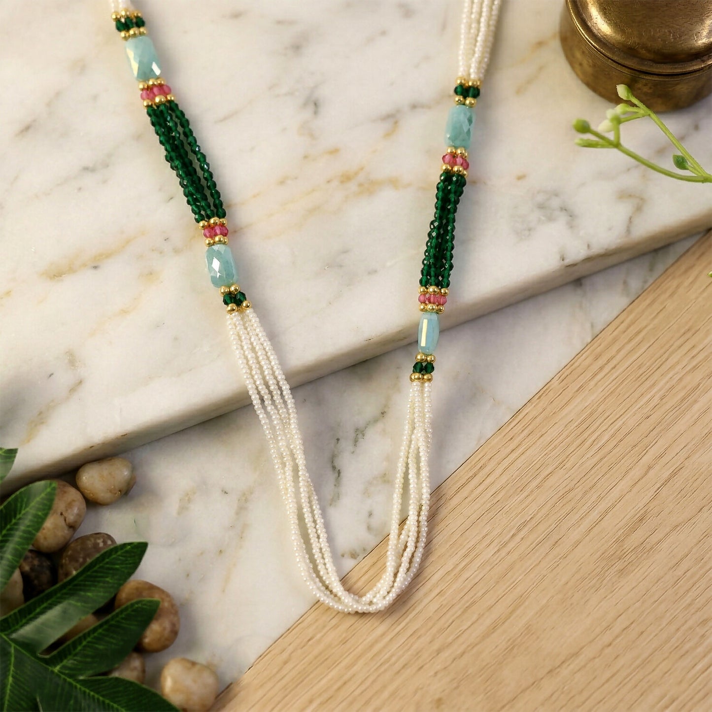 Handmade Layered Pearl Mala Necklace with Green Beads Aqua Accent Ethnic Style