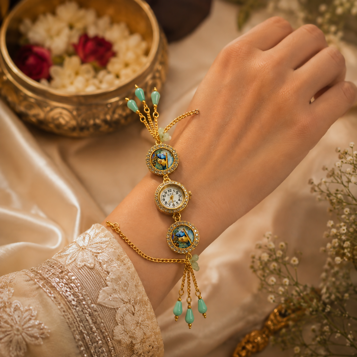 A gold tone bracelet watch with two blue enamel charms and a watch face, adorned with light blue beads, worn on a wrist.