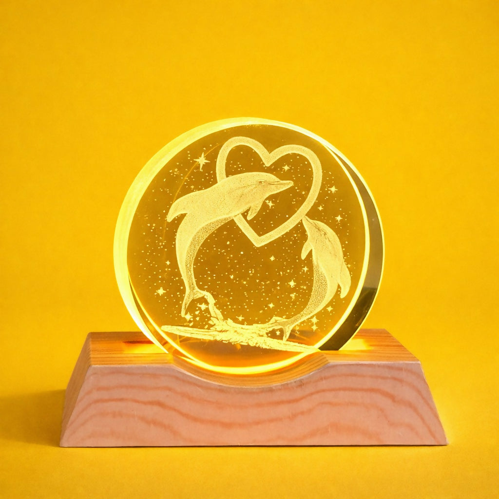 Dolphin Heart Engraved Acrylic LED Night Lamp with Wooden Base for Home Decor