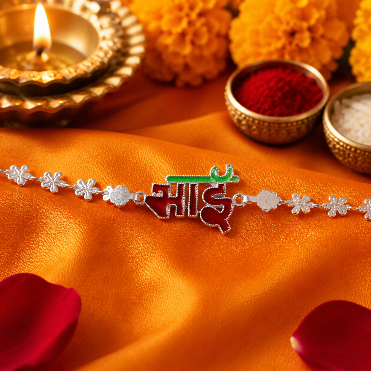 Designer Bhai Text Motif Silver Enamel Chain Rakhi
