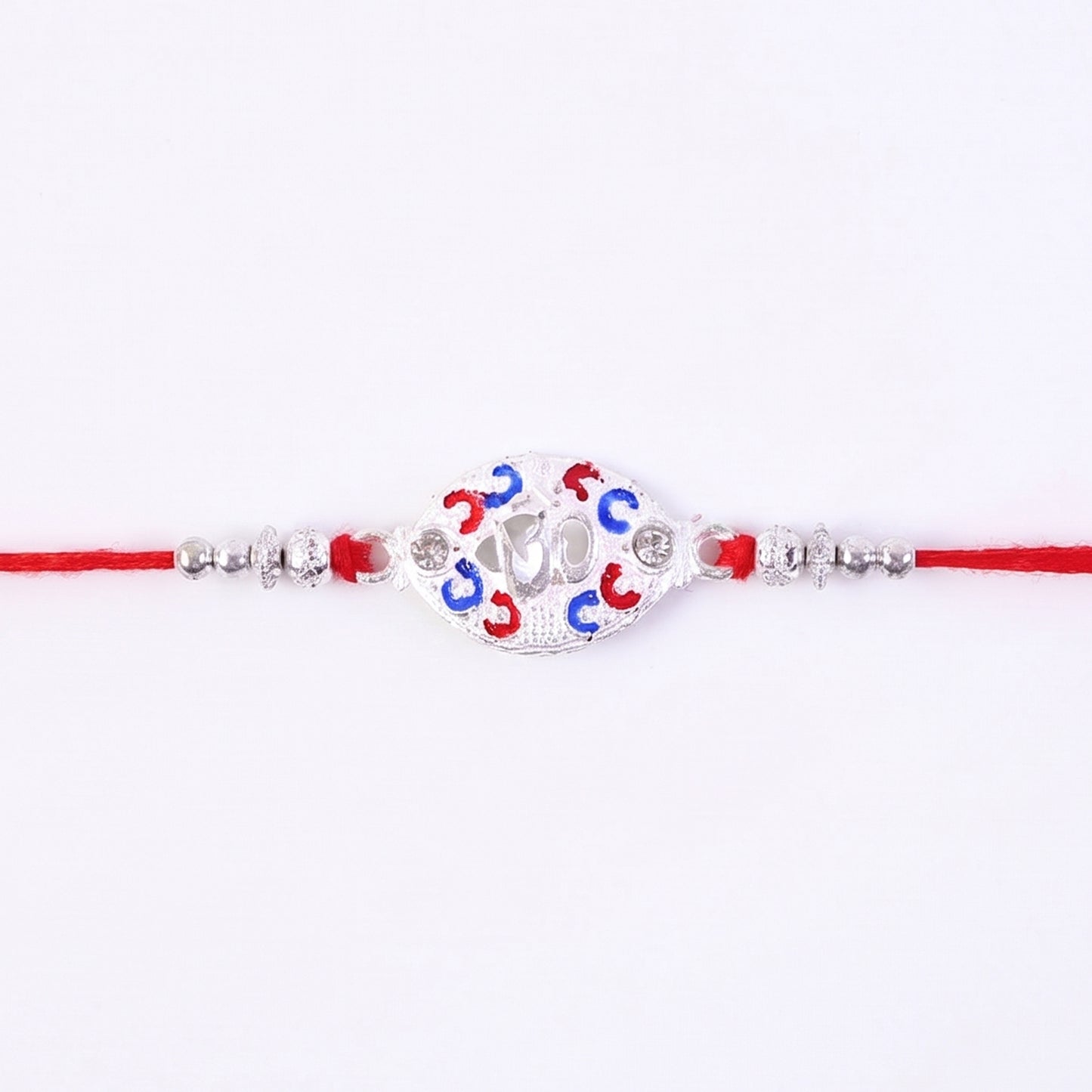 Silver Om Rakhi for Boys with Red Thread and Colorful Accents
