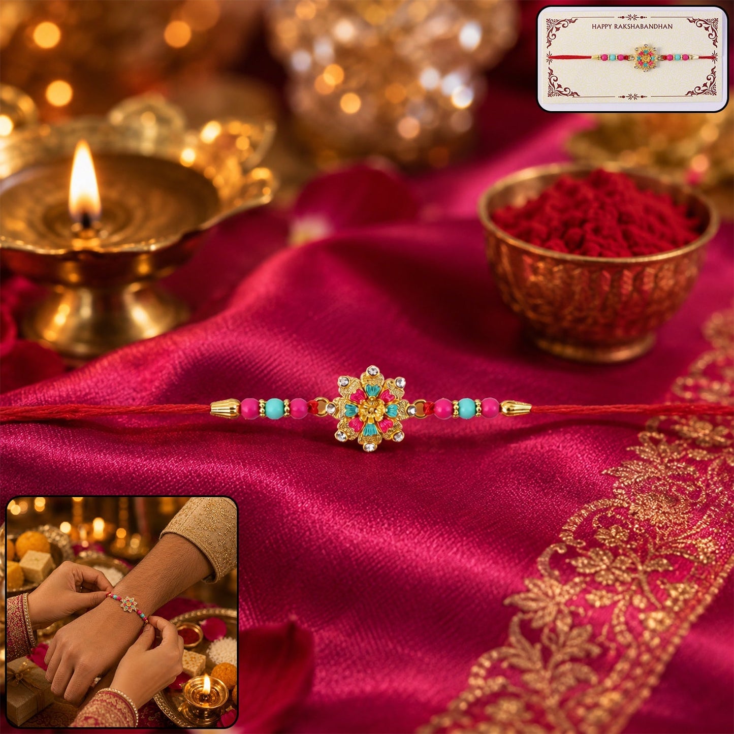 Pink Floral Mandala Rakhi Festive Thread for Raksha Bandhan (5pcs)