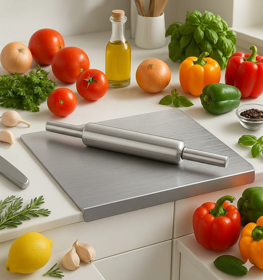 Stainless Steel Chopping & Kneading Board with Rolling Pin & Lip Bend (35x31cm)