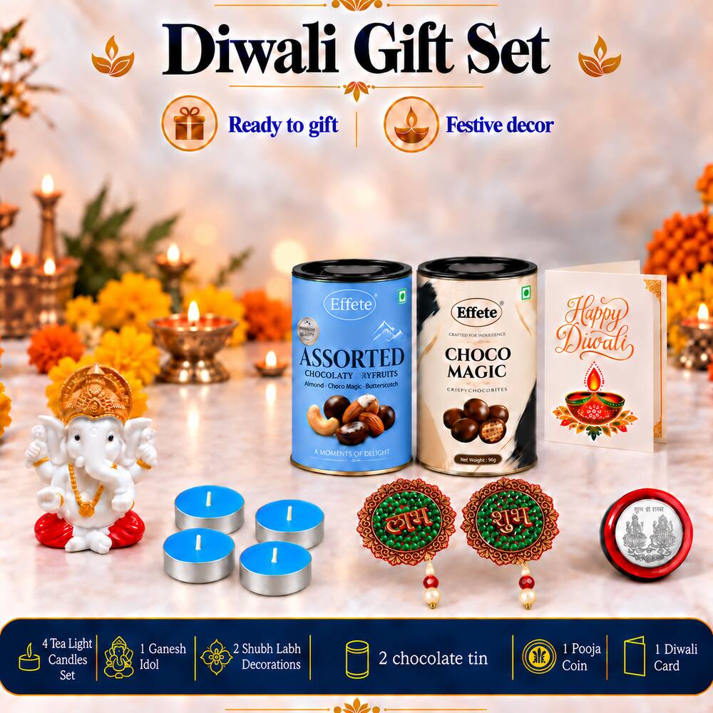 A white Ganesha idol, four blue tealights, two decorative hangings, a silver coin, two chocolate tins, and a – view 4
