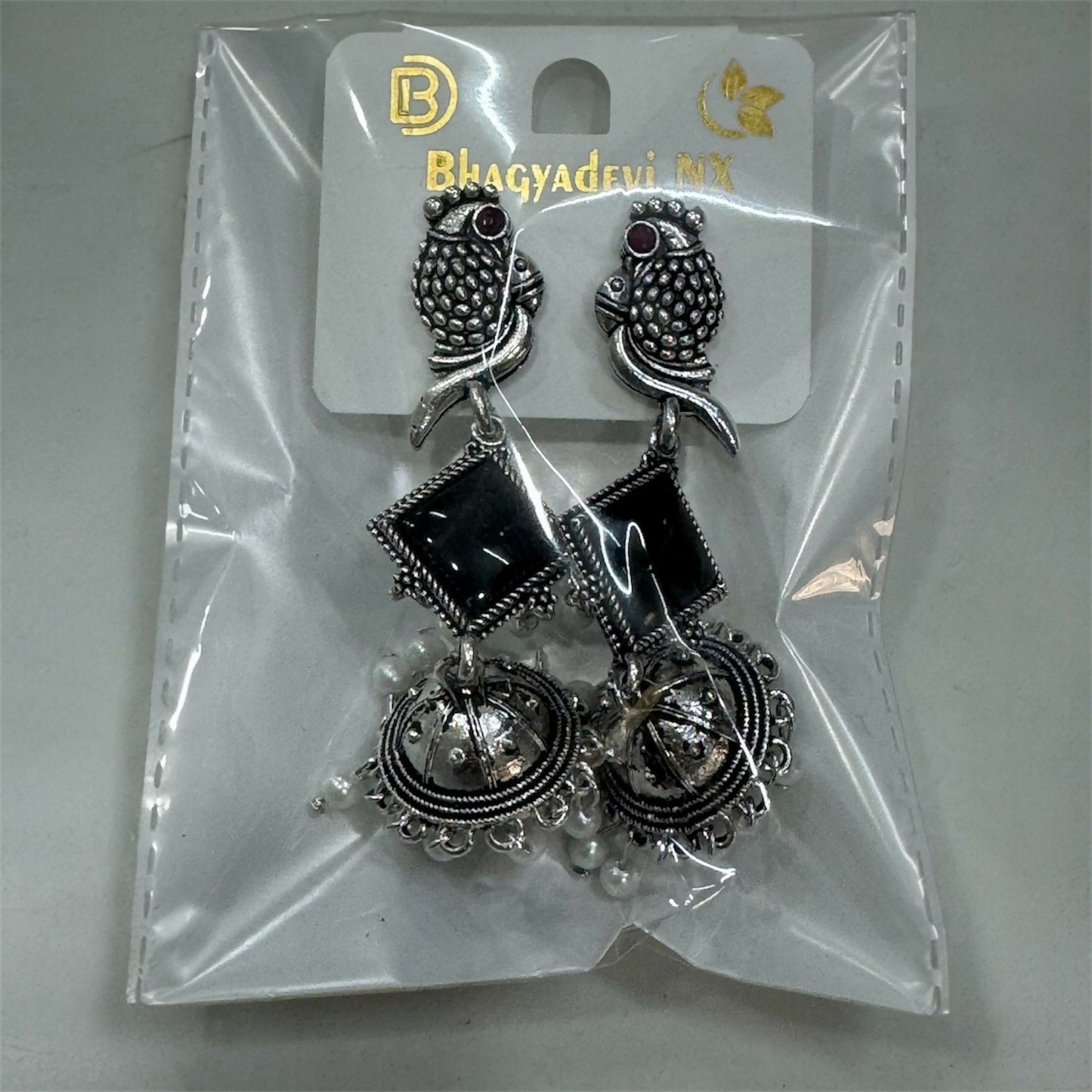 Oxidised Silver Black Stone Parrot Design Jhumka Earrings for Women & Girls