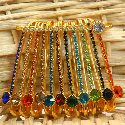 Rainbow Crystal Safety Pin Brooch - Gold Tone Multi-Color Rhinestone Pin