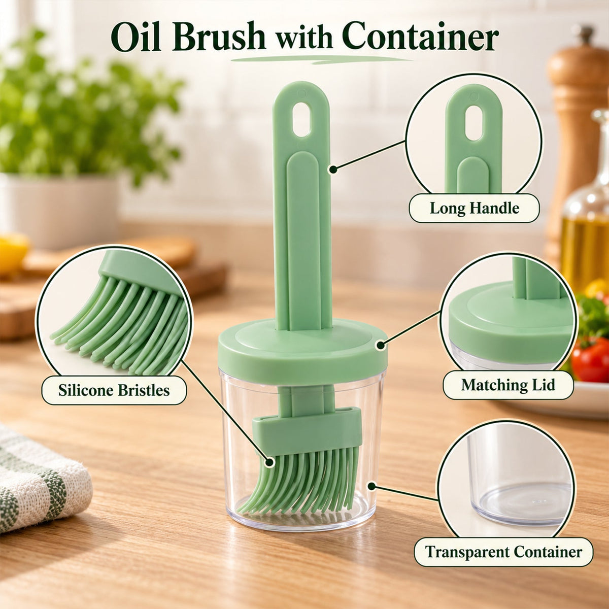 A light green silicone basting brush in a clear container with a lid, featuring callouts for its long handle, silicone