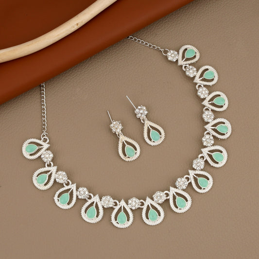 Traditional Pearl Chain with Mint-Green & AD Drop Necklace Set