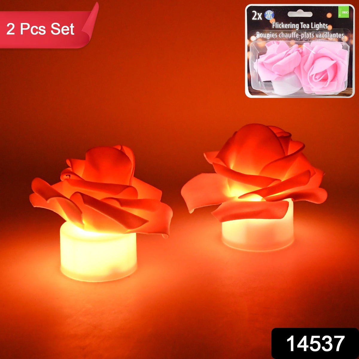 Two glowing orange rose LED tea lights are shown, with a product package displaying pink roses in the corner.