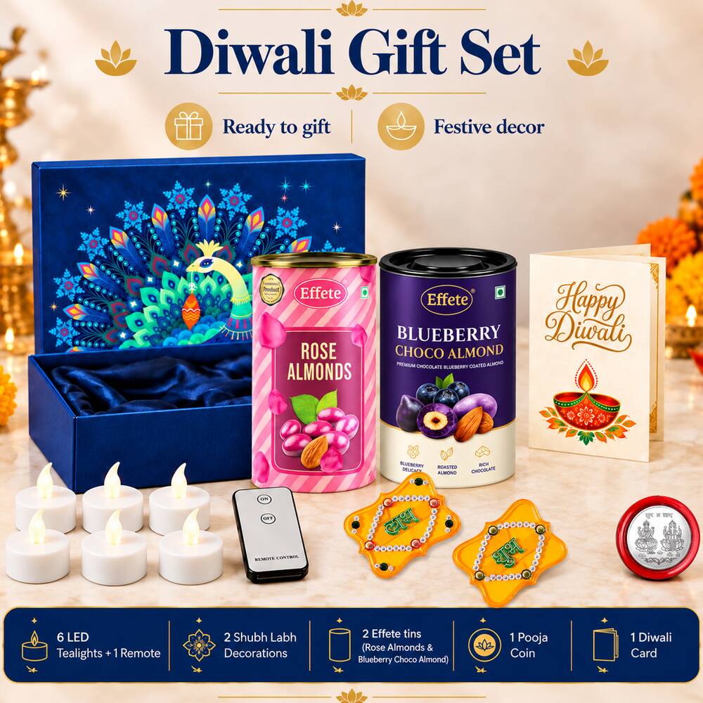 A blue peacock box, two almond tins, a Diwali card, LED tealights, remote, and Shubh-Labh decor arranged with text overlays.