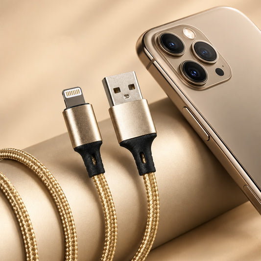 Close-up of a gold braided charging cable with Lightning and USB connectors next to a gold smartphone.