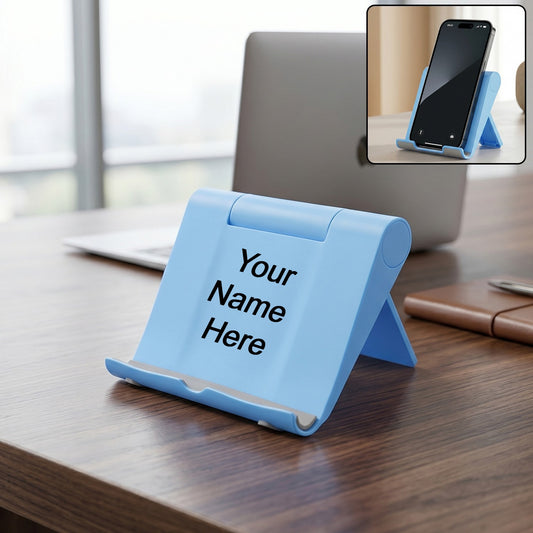 Foldable plastic mobile phone stand in blue, adjustable for desk use.
