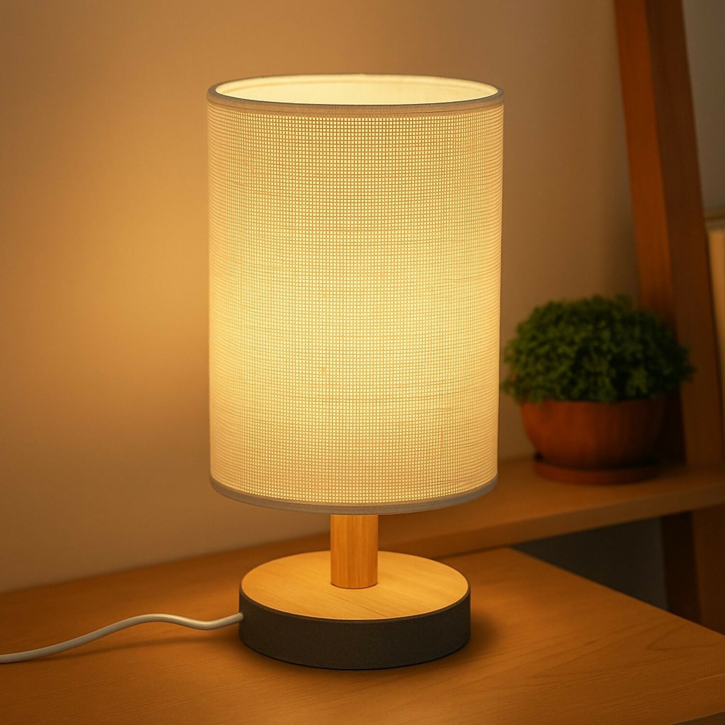 Modern Fabric Shade Wooden Table Lamp for Bedroom, Living Room & Study(CREAM)