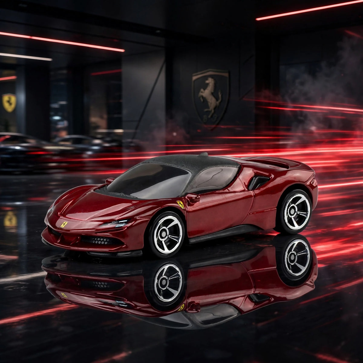 A metallic red Hot Wheels Ferrari with a black roof, positioned on a glossy surface with a blurred modern building and red