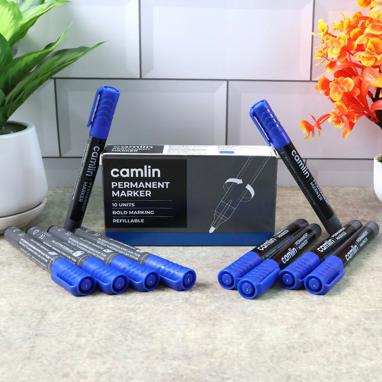 Camlin Permanent Marker – Blue Colour, Bold & Long-Lasting Ink, Refillable Multi-Surface Permanent Markers – Pack of 10