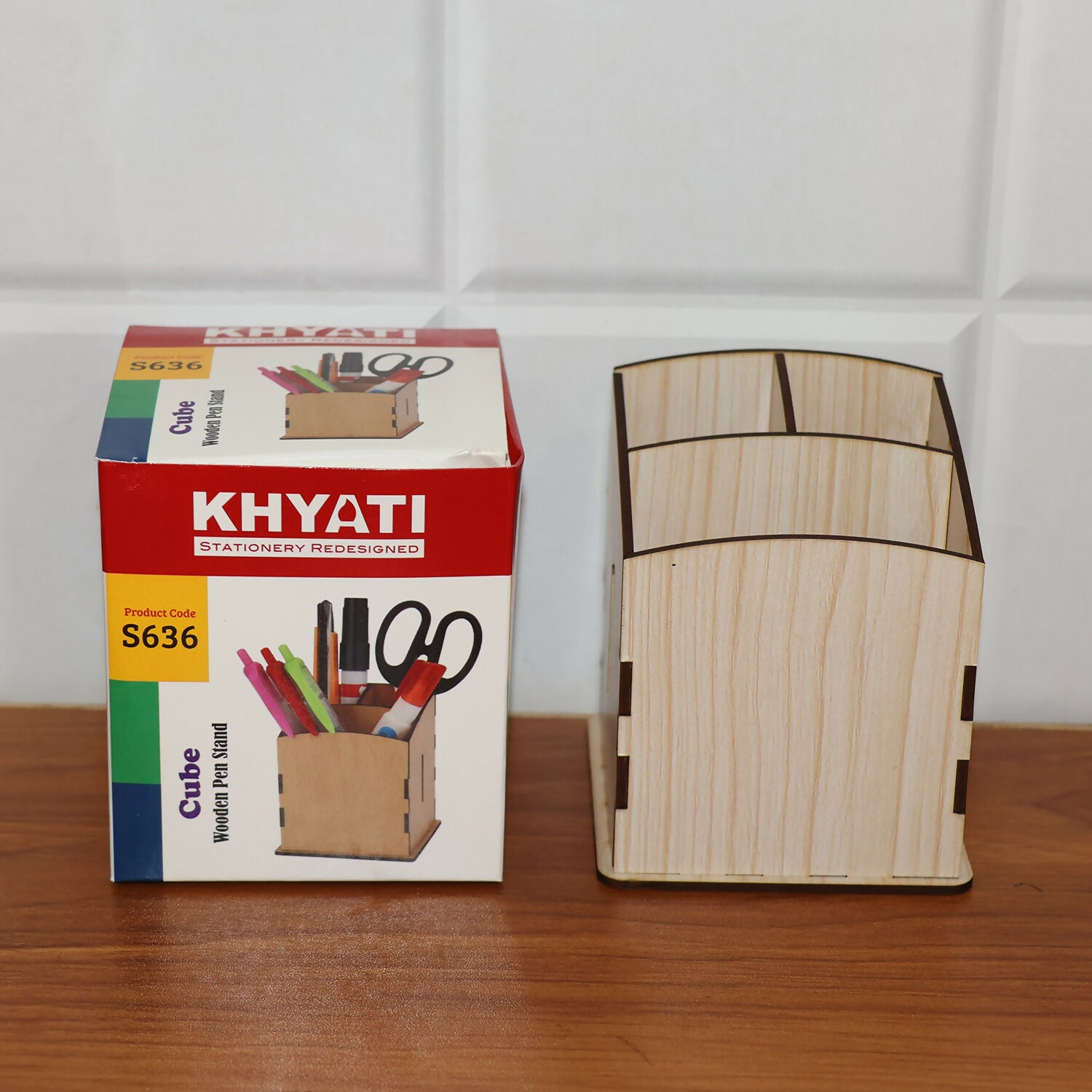 Khyati Wooden Pen Stand – Cube Shape Desk Organizer with Multi-Section Storage