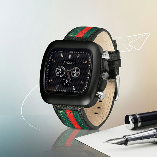 Stylish Black Square Dial Analog Watch with Striped Strap & Metal Case