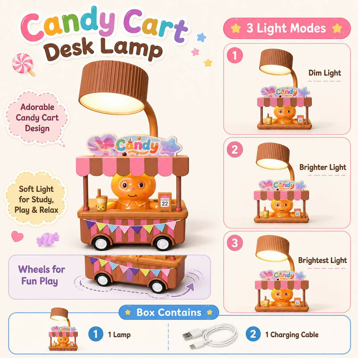 A brown and pink candy cart desk lamp with a glowing light, on a white and purple background with feature callouts.