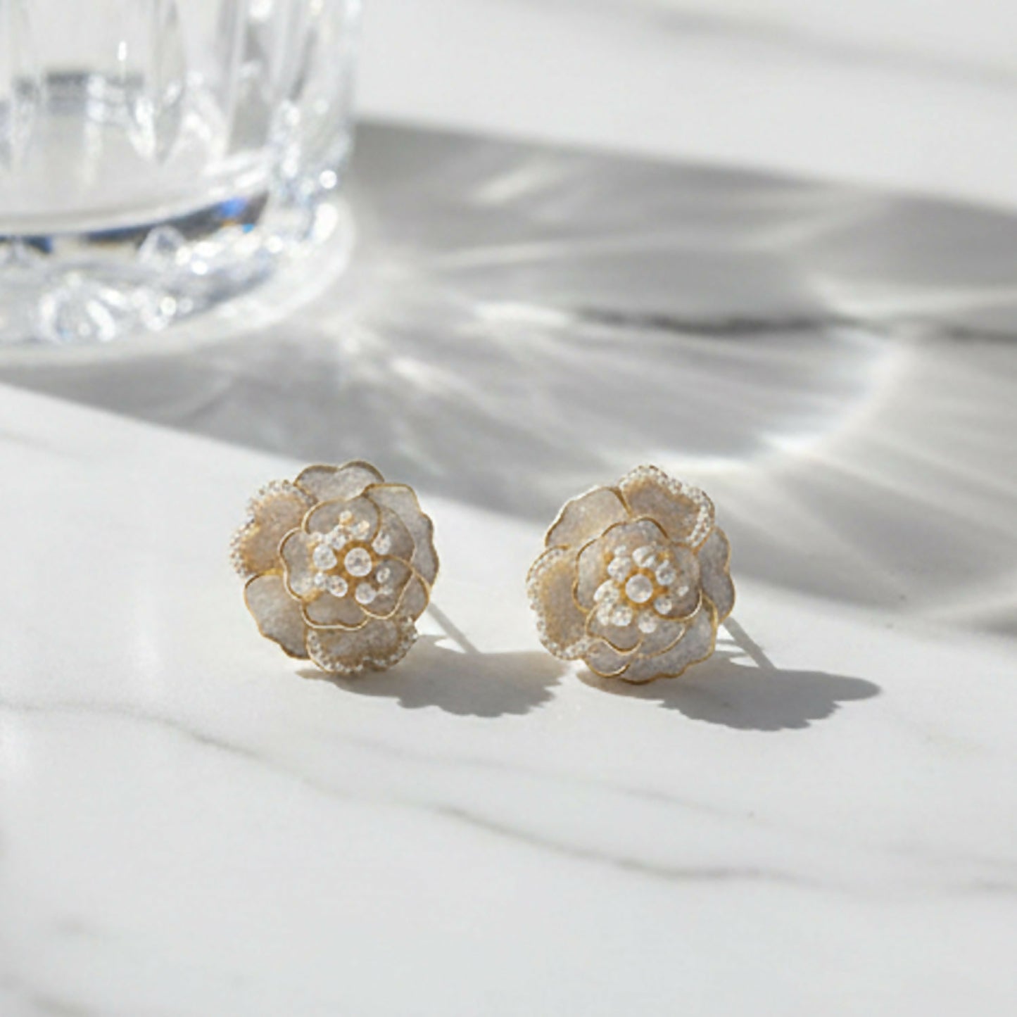 Elegant White Floral Studs with Micro-Pearl Accents – Chic Korean Style Jewelry
