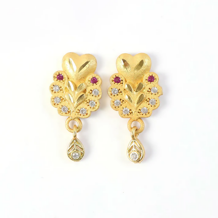 Floral Inspired Gold Stud Earrings With Central Stone And Teardrop Dangle Detail