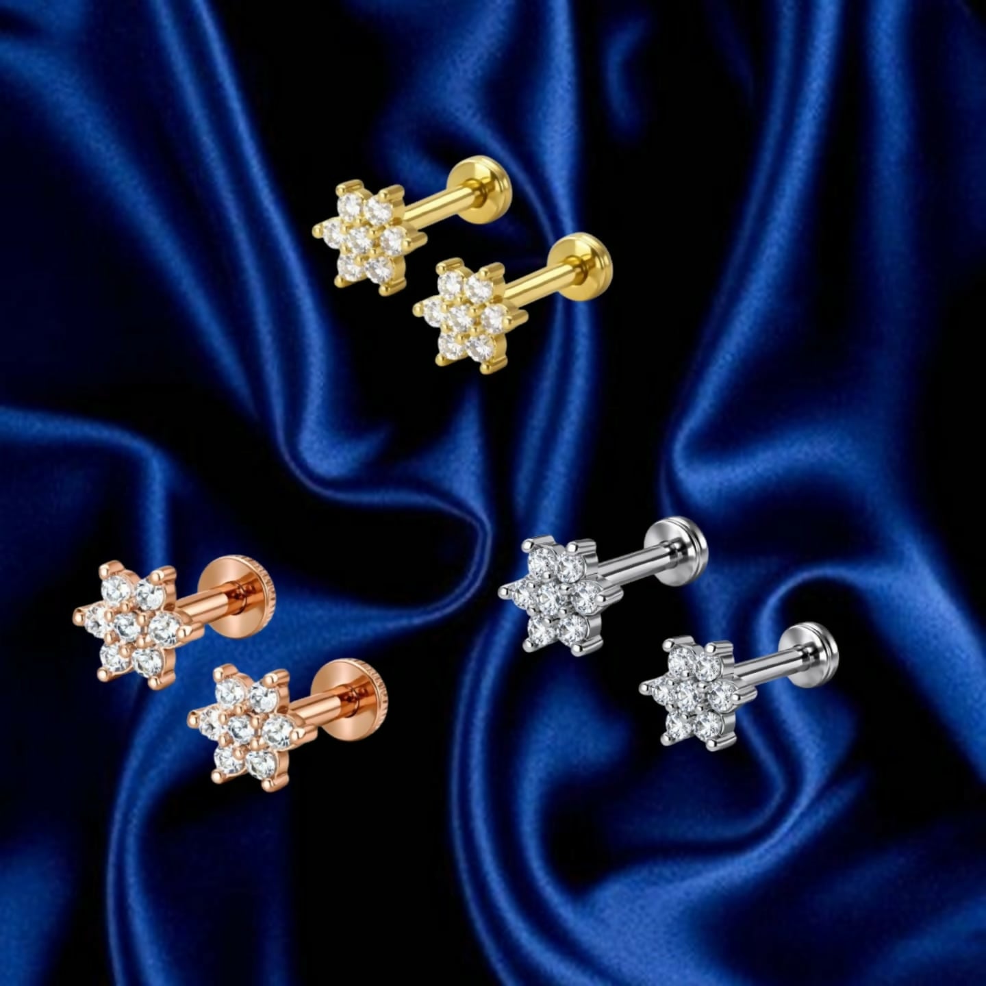 Combo pack of flower flat back AD stud earrings in gold, rose gold, and silver plating