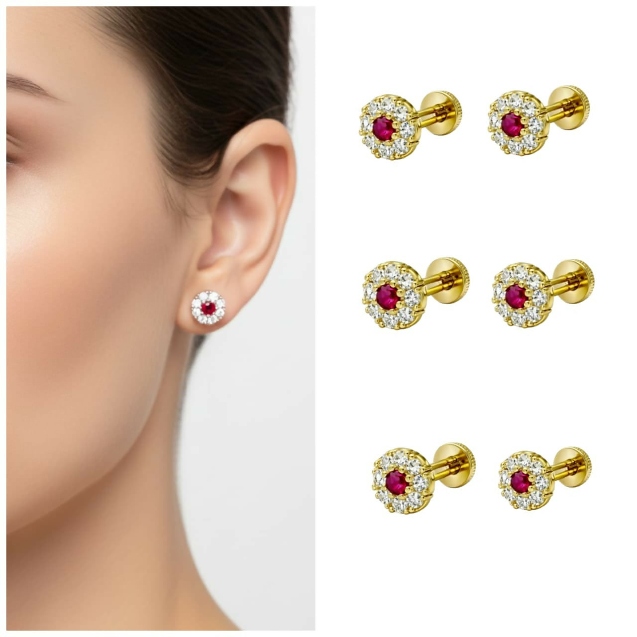 Gold ruby halo stud earrings with vibrant round ruby center and sparkling white accent stones