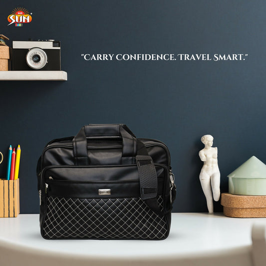 Front view of stylish quilted travel bag in black leatherette