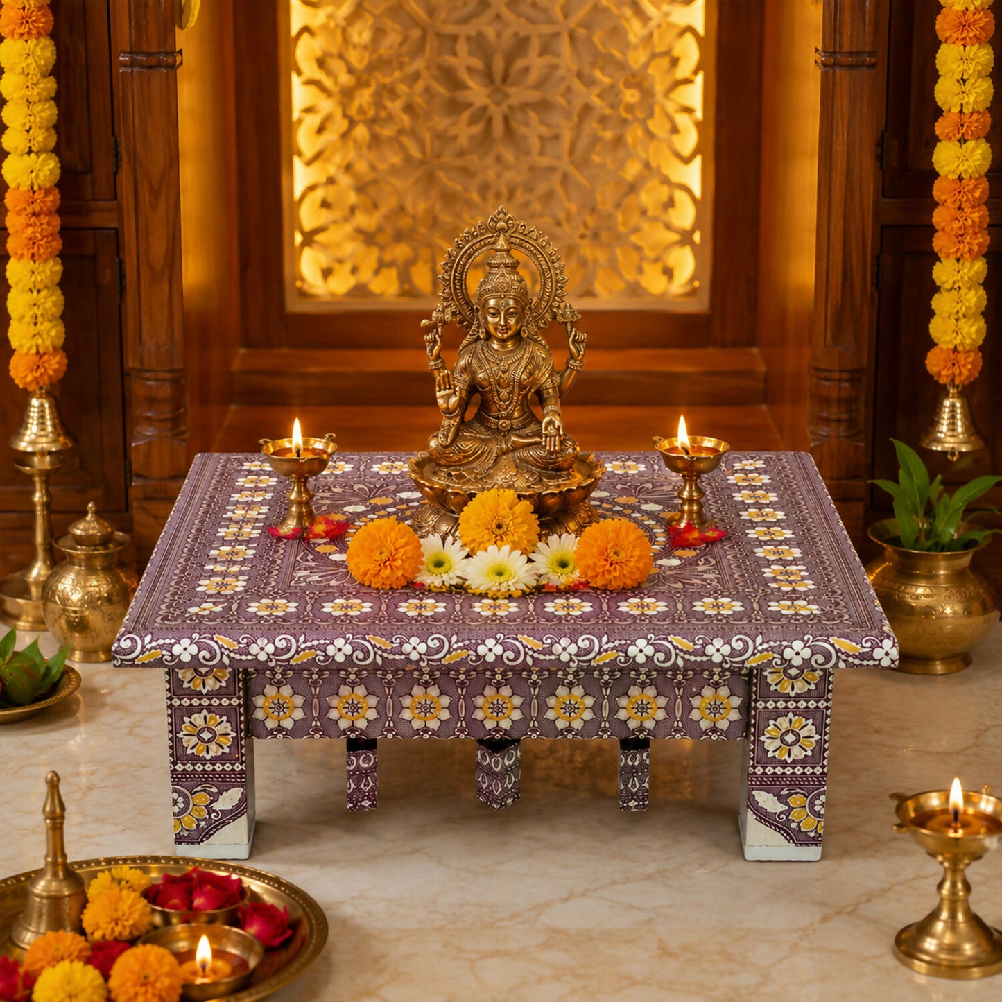 Close-up of the detailed traditional design on the oxidised Pooja Chowki.