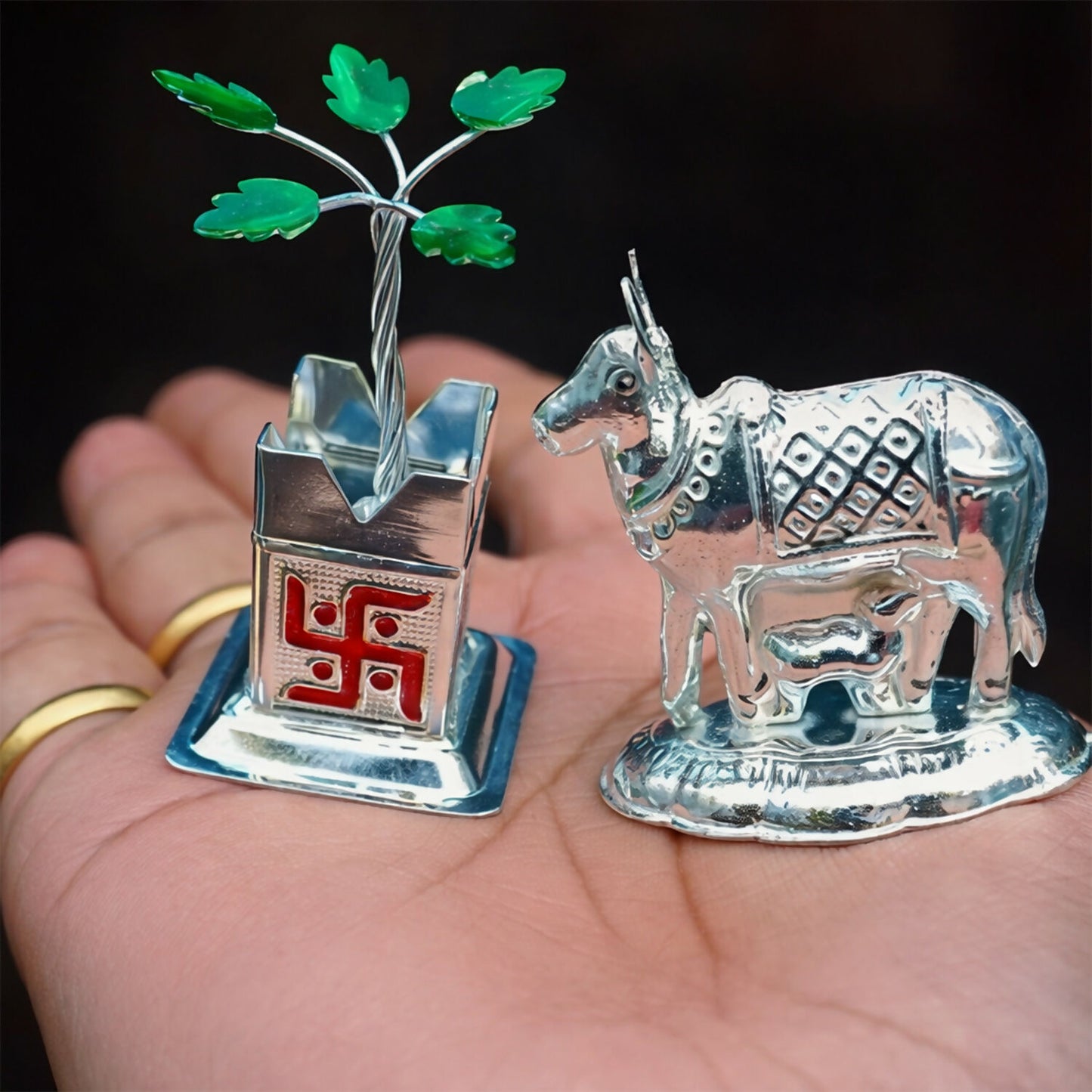Silver Decorative Cow and Kalash Set in Premium Glass Dome for Pooja and Home Décor
