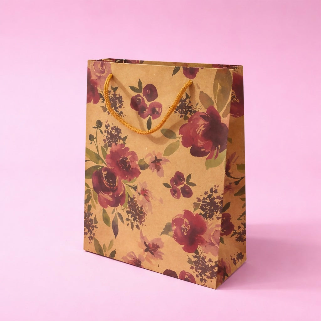 Small Floral Kraft Paper Gift Bags with Rope Handles Set of 4