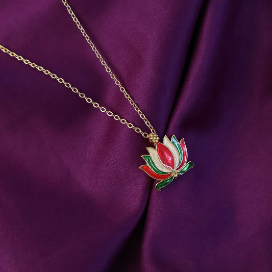 Traditional Lotus Flower Design Pendant Necklace with Chain for Women
