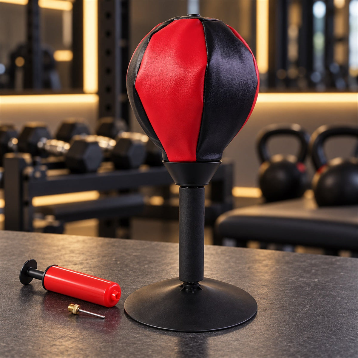 A red and black desktop punching ball with a black stand and a red hand pump on a dark counter.