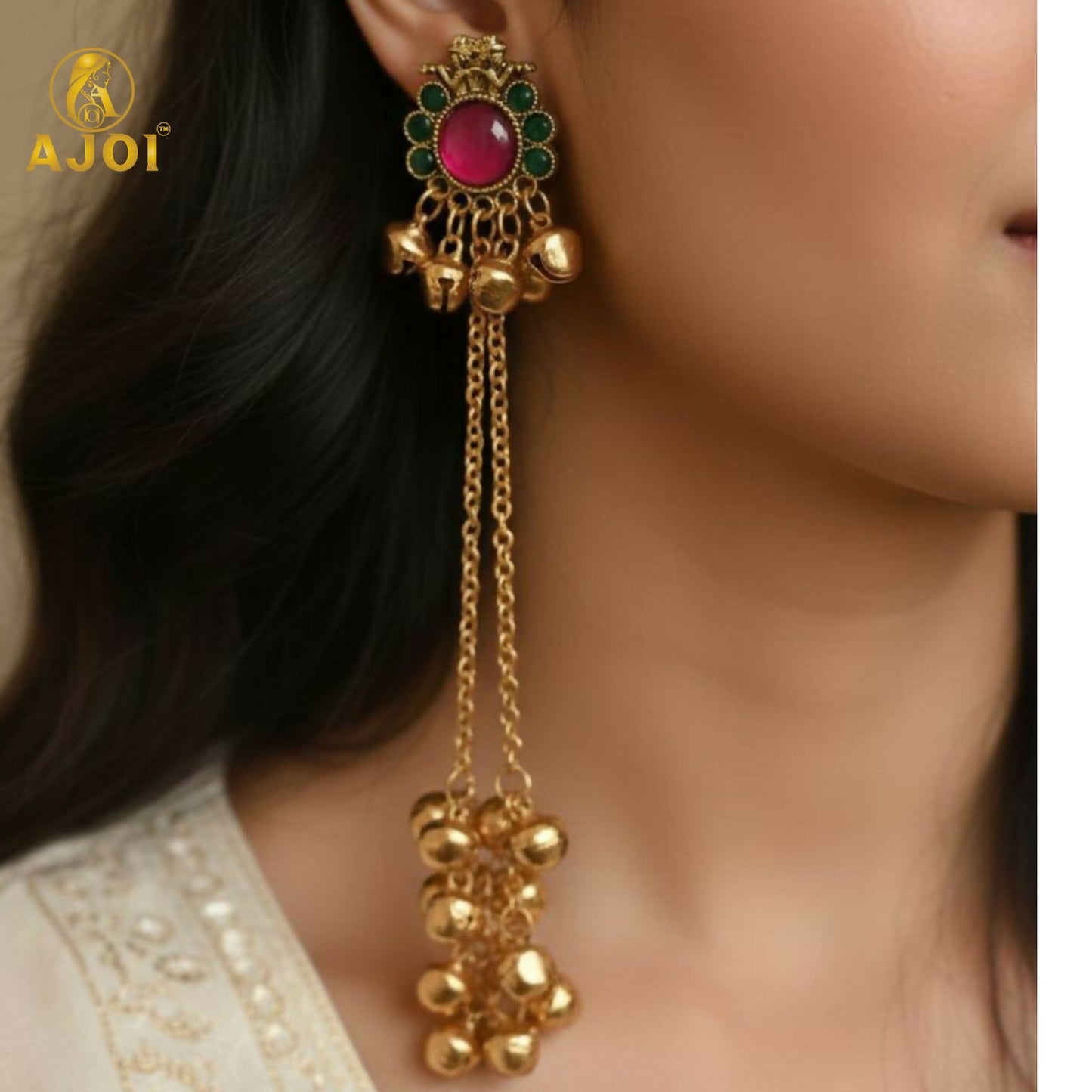 Royal Kashmiri-Inspired Gold-Plated ERuby Pink & Emerald Green Stones, Dual Chain Ghungroo Drops