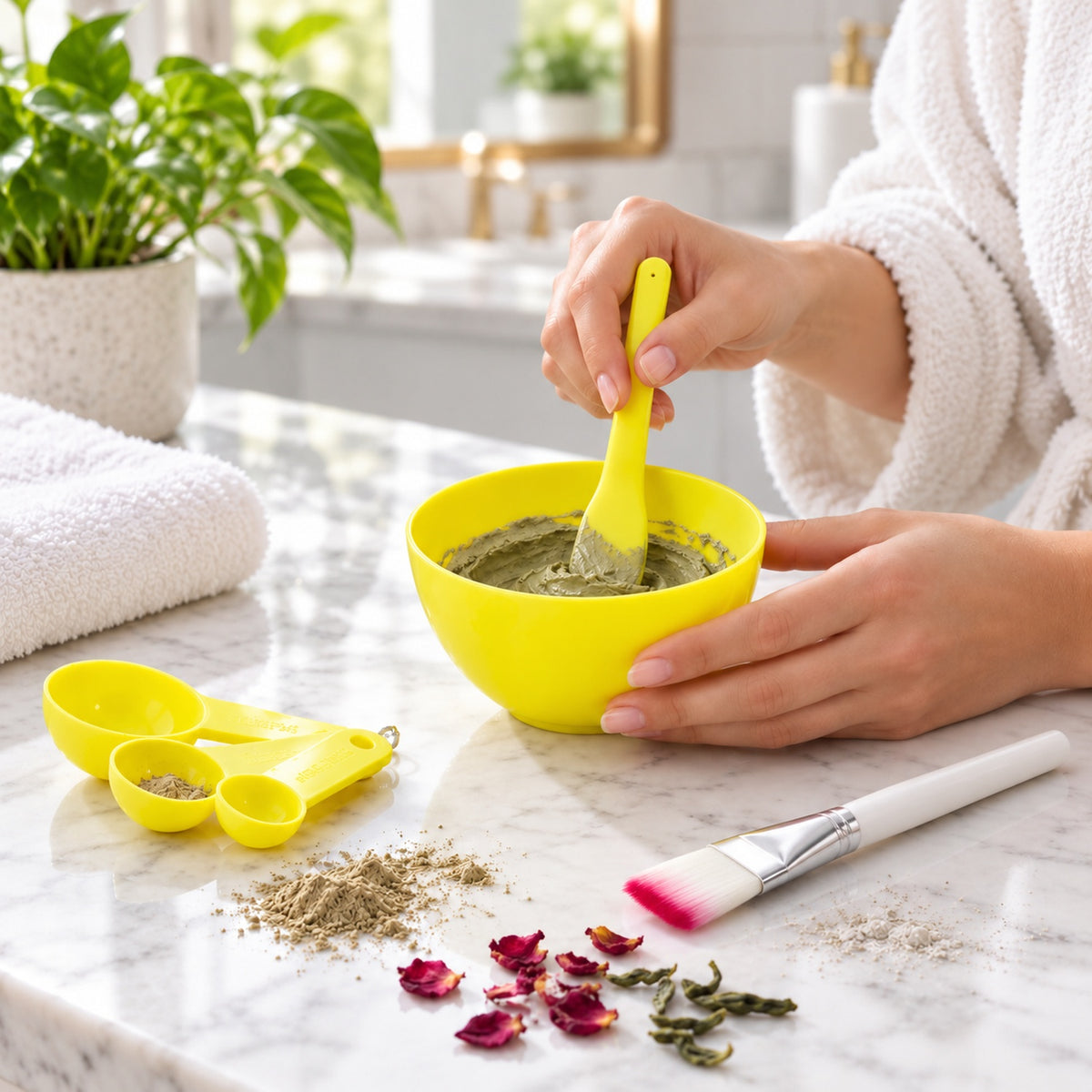 Components of the face mask mixing bowl kit displayed individually