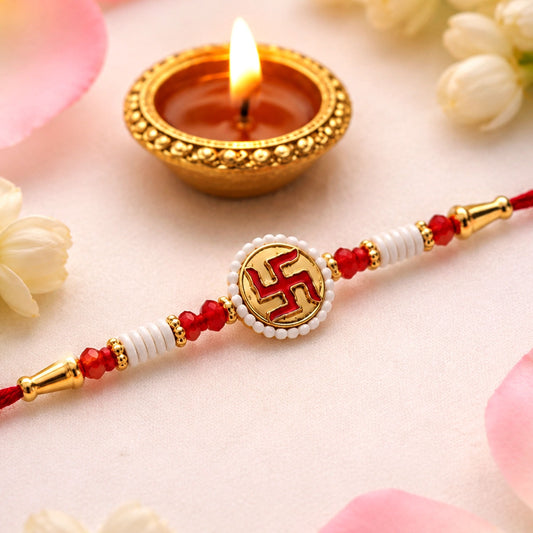 Swastik Pearl Frame Rakhi with traditional design and decorative beads