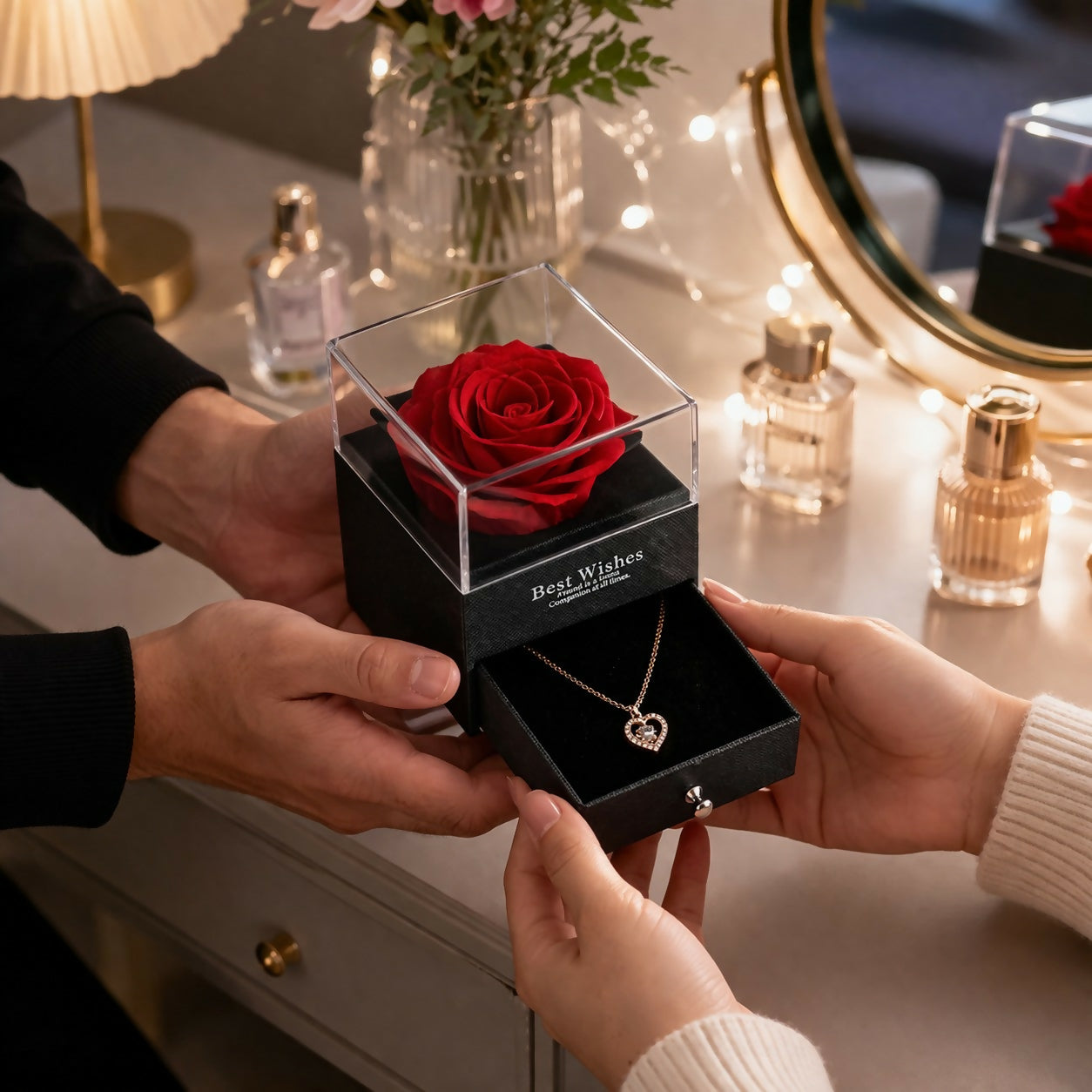 Elegant necklace included in the hidden drawer of the gift box