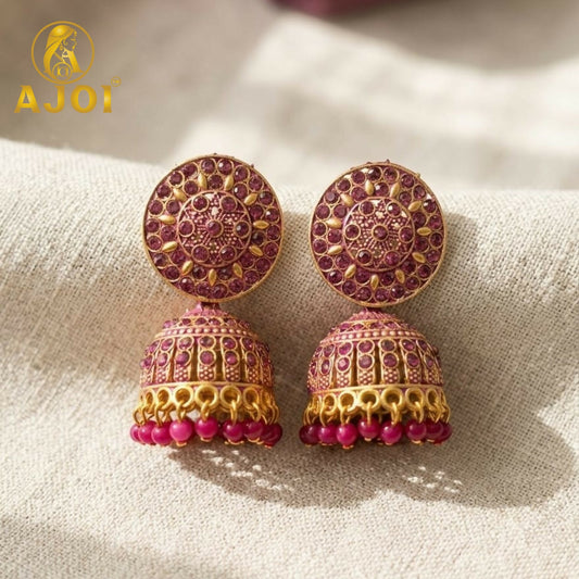 Antique Gold Pink Stone Jhumka Earrings Traditional Ethnic Design