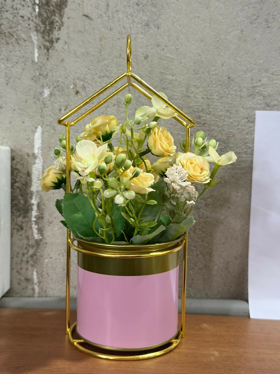 Elegant Yellow Artificial Flower Pot with Golden Metal Stand and Pink Pot | Decorative Faux Plant for Living Room, Bedroom, Office & Tabletop Home Decor | Premium Gift for Housewarming & Festive Decor
