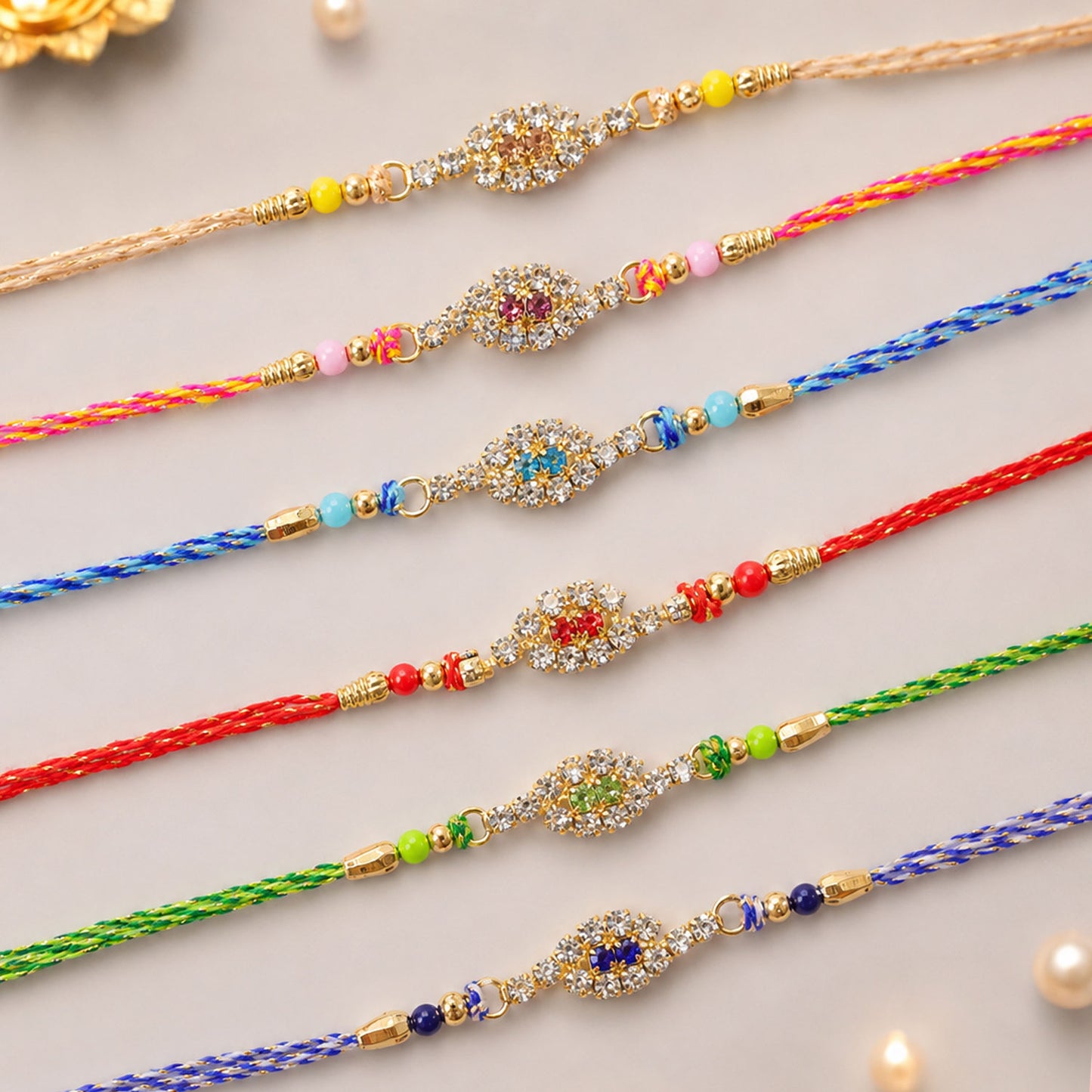Oval Halo Motif Rakhi with AD Stones for Brother (Pack of 6)