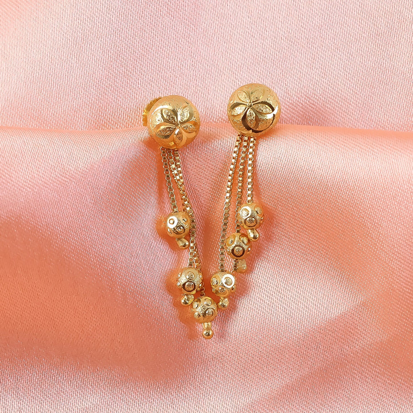 Floral Stud Chain Drop Earring with Elegant Bead Accents